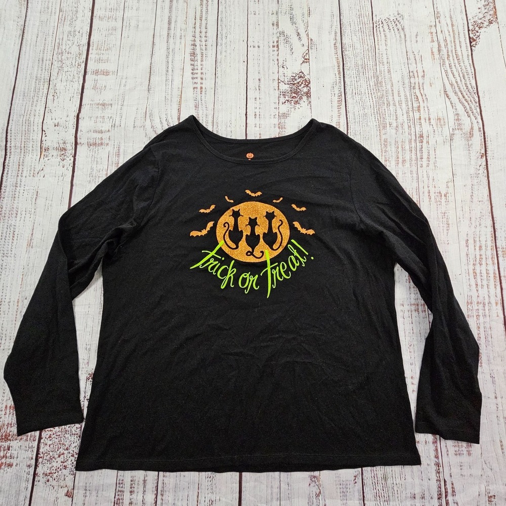 Trick or Treat Cats Bats Black Long Sleeve Cotton T-Shirt Women's 2X